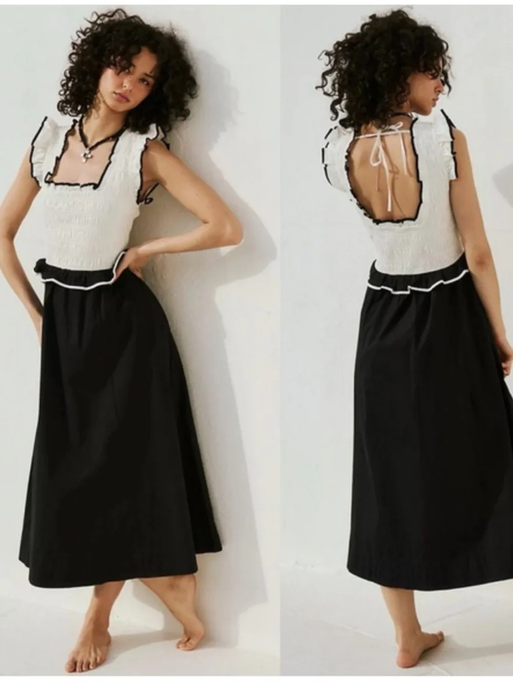 Free People Tovi Black and White Ruffled Smocked Midi Dress size M NWT - Picture 8 of 8